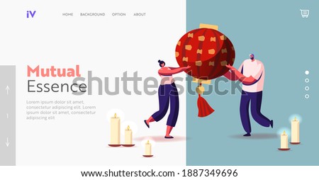Feng Shui Oriental Philosophy, Tradition or Culture, Life Harmony Landing Page Template. Tiny Characters Carry Huge Red Chinese Lantern with Burning Candles around. Cartoon People Vector Illustration