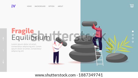 Feng Shui Oriental Philosophy, Tradition or Culture Landing Page Template. Life Harmony. Tiny Male Characters Assemble Huge Stones in Pile Stand on Ladder and Plant. Cartoon People Vector Illustration