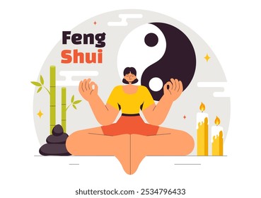 Ilustración vectorial de filosofía oriental Feng Shui con piedras y plantas para la energía positiva de los cinco Elementos y el equilibrio del Yin Yang