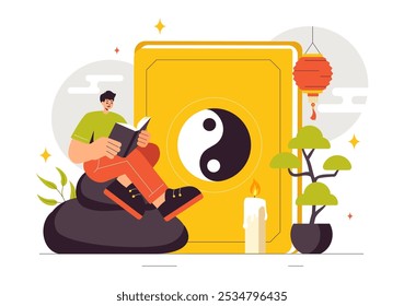 Ilustración vectorial de filosofía oriental Feng Shui con piedras y plantas para la energía positiva de los cinco Elementos y el equilibrio del Yin Yang