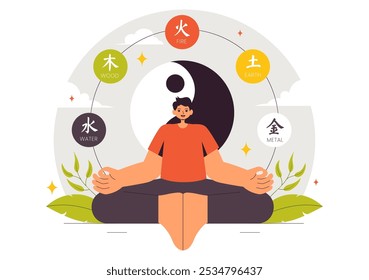 Ilustración vectorial de filosofía oriental Feng Shui con piedras y plantas para la energía positiva de los cinco Elementos y el equilibrio del Yin Yang