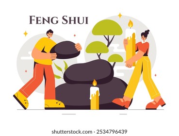 Ilustración vectorial de filosofía oriental Feng Shui con piedras y plantas para la energía positiva de los cinco Elementos y el equilibrio del Yin Yang