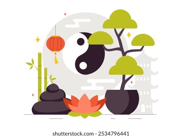 Ilustración vectorial de filosofía oriental Feng Shui con piedras y plantas para la energía positiva de los cinco Elementos y el equilibrio del Yin Yang