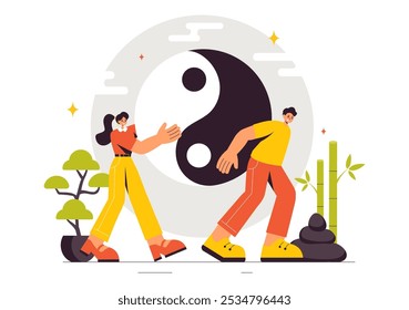 Ilustración vectorial de filosofía oriental Feng Shui con piedras y plantas para la energía positiva de los cinco Elementos y el equilibrio del Yin Yang