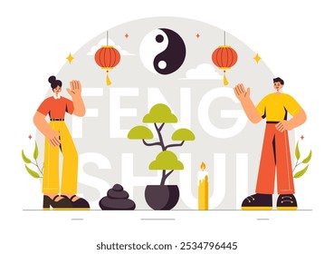 Ilustración vectorial de filosofía oriental Feng Shui con piedras y plantas para la energía positiva de los cinco Elementos y el equilibrio del Yin Yang