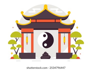 Ilustración vectorial de filosofía oriental Feng Shui con piedras y plantas para la energía positiva de los cinco Elementos y el equilibrio del Yin Yang