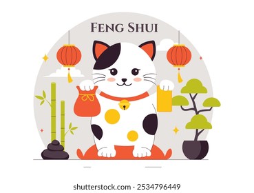 Ilustración vectorial de filosofía oriental Feng Shui con piedras y plantas para la energía positiva de los cinco Elementos y el equilibrio del Yin Yang