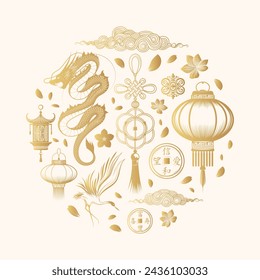 Feng Shui symbols collection. Golden hand drawn isolated set of chinese decor elements isolated on white background. Vector illustration for greeting cards and print.