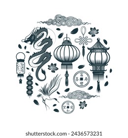 Feng Shui symbols collection. Hand drawn isolated set of chinese decor elements isolated on white background. Vector illustration for greeting cards, tattoo and print.
