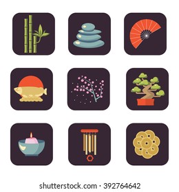 Feng Shui vector icon set. Feng Shui coin, tree, fire and bamboo, stone. Feng Shui illustration