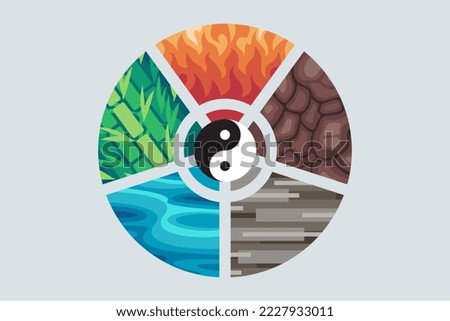 Feng shui. Feng Shui. yin yang icons are simple in style and isolated on gray background. modern flat vector illustration. Chinese icons. 5 elements nature cycle water fire earth wood and metal