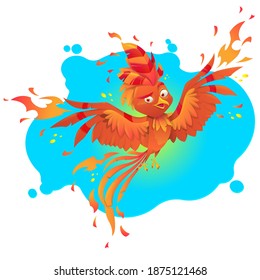 Fenix fire bird cartoon character. Burning fiery bird isolated  mascot logo design. Fairytale animal, symbol of immortality and reborn from ashes. Vector illustration