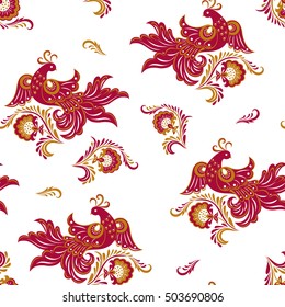 Fenix and flowers seamless pattern.  White background and beautiful red Bird of Happiness. Folk style. Vector illustration.