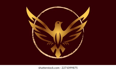 Fenix vector illustration. Golden flying bird inside a circle.