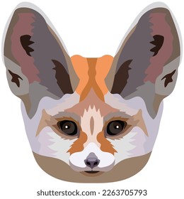 Fennec face. An illustration of the muzzle of a small eared fox is depicted. Bright portrait on a white background. Vector graphics. animal logo.