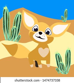 Fennec fox in the cacti desert, cactus on sand dunes and blue sky, kids vector illustration, funny character