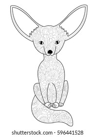 Fennec fox coloring book for adults vector illustration. Anti-stress coloring for adult. Zentangle style animal. Black and white lines. Lace pattern