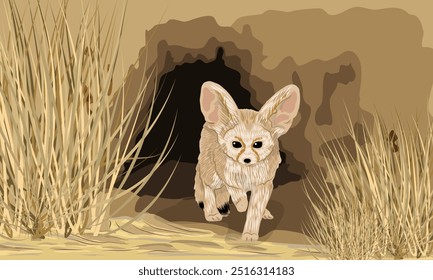 A raposa-de-feno emerge do buraco na duna de areia. Vida selvagem do deserto. Paisagem vetorial realista