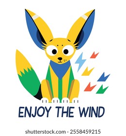 A fennec fox with enjoy wild text, flat sticker 
