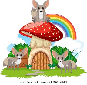 Fennec fox group with mushroom house illustration