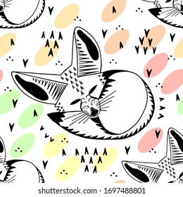 Fennec fox. Linear illustration. Cute kids cartoon style. Seamless pattern.