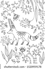 Fennec fox in plants and flowers vector illustration. Hand drawing anti stress colouring book. Beautiful patterns with small floral details for children and adults. One of a set for colouring books.