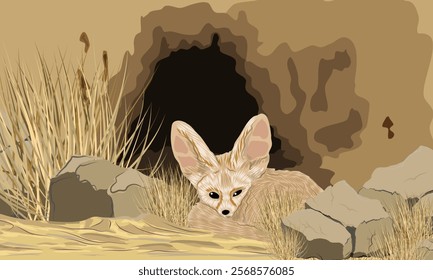 Fennec fox sleeping near a hole in sand dune. Desert wildlife. Realistic vector landscape