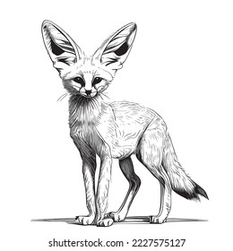 Fennec fox standing sketch abstract hand drawn engraving style Vector illustration.