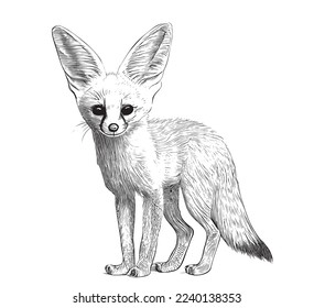 Fennec fox standing sketch hand drawn engraving style Vector illustration 