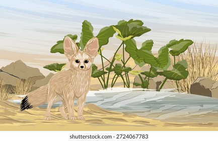 A fennec fox stands on the shore of a small oasis with water and tropical plants. Desert wildlife. Realistic vector landscape.