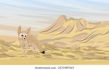 Fennec fox walking on sand dunes. Desert wildlife. Realistic vector landscape