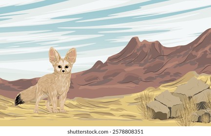 Fennec fox walking on sand dunes at the foot of the mountains. Desert wildlife. Realistic vector landscape