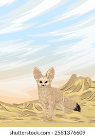 Fennec fox walking on sand dunes at sunset. Desert wildlife. Realistic vector vertical landscape