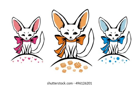 Fennec foxes set vector illustration. Pink, orange and blue big ears and bow knots. Cute fox sits on hill isolated on white background.