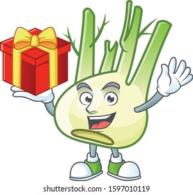 Fennel cartoon character with a box of gift