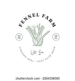 Fennel food logo template. Hand drawn illustrations for for restaurant, bar, vegan, healthy and organic food, market, farmers market, cooking school, food truck, delivery service.