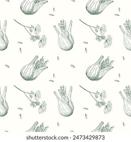 Fennel herb bulb seamless pattern. Repeating background with Fennel spice herb root, stalk leaves, stem, botanical graphic. Vector food illustration, healthy ingredient, medicinal plant. 