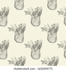Fennel ink sketch seamless pattern. Monochrome food ingredient wallpaper. Natural organic fresh food backdrop. Vintage hand drawn engraved style. Vector illustration