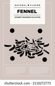 El hinojo. Conjunto de afiches de especias, hierbas, producto orgánico en un diseño abstracto. Etiqueta o afiche para la preparación de alimentos y la cocina. Diseño sencillo y plano. Para afiche, portada, pancarta.