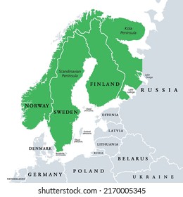 Fennoscandia, Fennoscandian Peninsula, political map. Peninsula, comprising the Scandinavian and Kola Peninsulas, mainland of Finland, Norway and Sweden, Murmansk Oblast, and the Republic of Karelia.