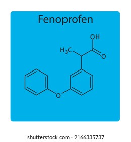 Fenoprofen molecular structure, flat skeletal chemical formula. NSAID drug used to treat pain, rheumatoid arthritis, osteoarthritis. blue background Vector illustration.
