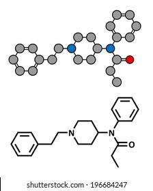 Fentanyl (fentanil) opioid analgesic drug, chemical structure. Conventional skeletal formula and stylized representation, showing atoms (except hydrogen) as color coded circles.