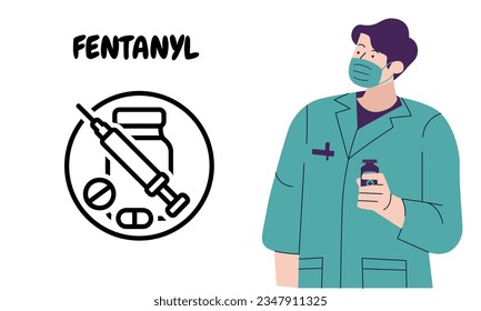 Fentanyl. Fentanyl pills in RX prescription drug bottle illustration vector 