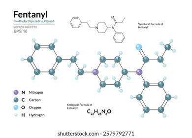 Fentanyl. Structural Chemical Formula and 3d Model of Molecule. C22H28N2O. Atoms with Color Coding. Vector graphic Illustration for educational materials, scientific articles, and presentations