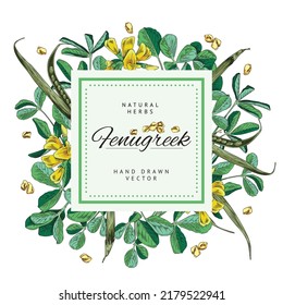 Ilustración vectorial dibujada a mano con fondo de especias o con plantilla de marco aislada en fondo blanco. Aroma de aroma a la comida de Fenugreek con polvo de condimento al curry.