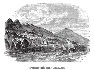 Feodosiya or Theodosia or Caffa or Kaffa in Crimea, Ukraine, during the 1890s, vintage engraving. Old engraved illustration of Feodosiya with lake in front.  Trousset Encyclopedia