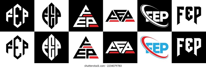 FEP Brief Logo Design in sechs Stilrichtungen. FEP Polygon, Kreis, Dreieck, Hexagon, flacher und einfacher Stil mit schwarz-weißem Farbänderungslogo in einer Zeichenfläche. FEP minimalistisches und klassisches Logo