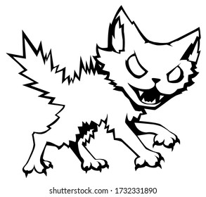 Feral aggressive cat cartoon line drawing, vector, horizontal, black and white, isolated
