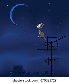 The Feral  Cat and the Moon Vector Cartoon Illustration