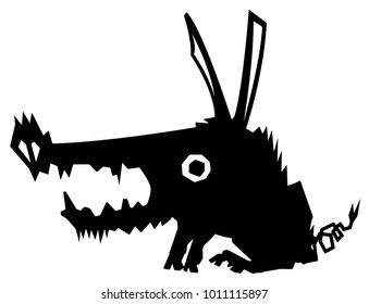 Feral pig stylized stencil black, vector illustration, horizontal, isolated